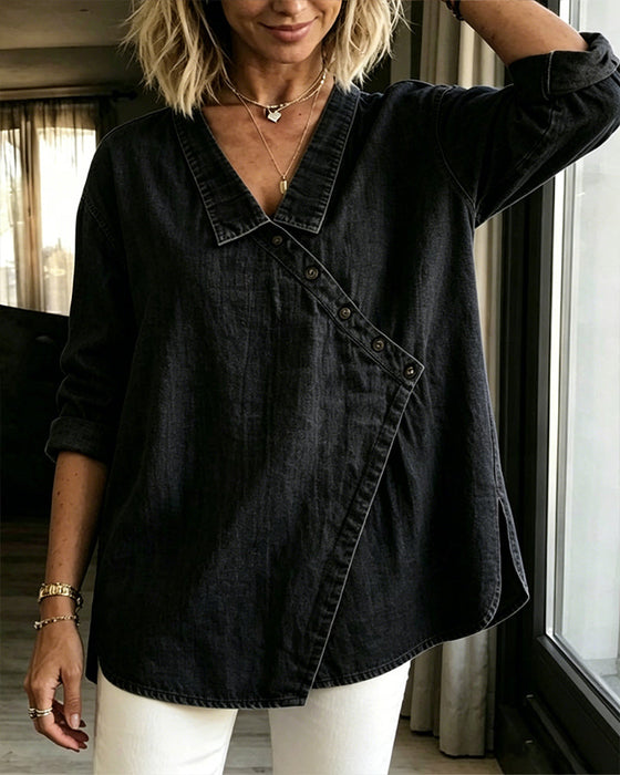 Bluse Einfarbig Diagonaler Knopf Revers Langarm
