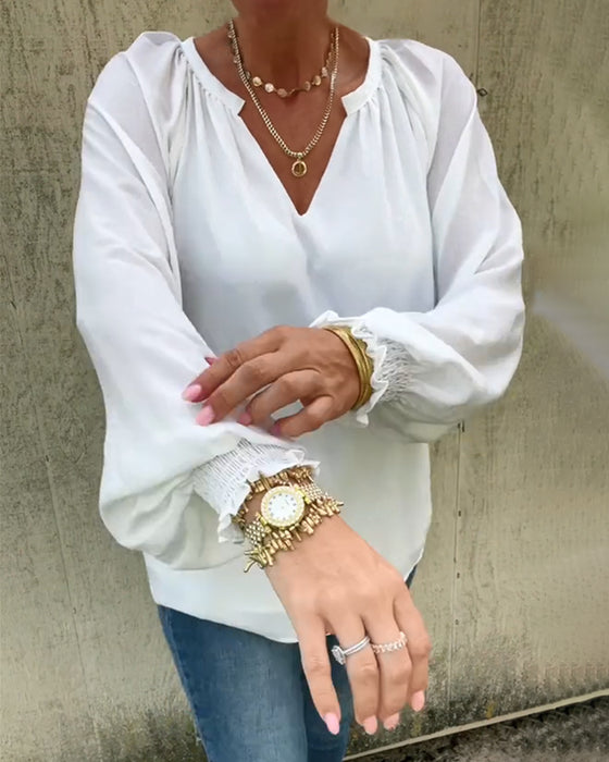 Casual-Shirt Mit Gepuckten Langer Ärmeln Und V-Ausschnitt