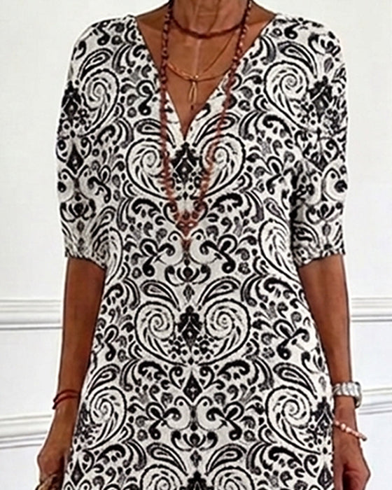 Kleid Vintage Blumenmuster V-Ausschnitt Maxi