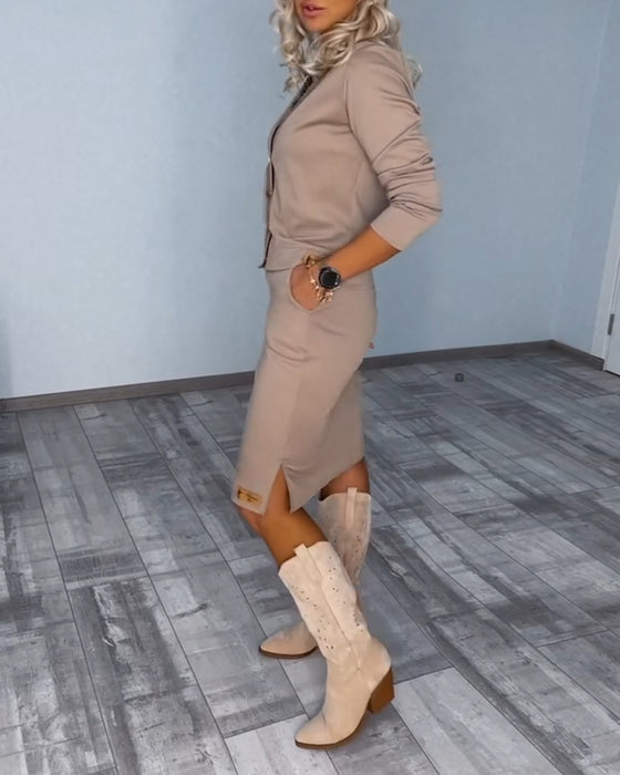 Zweiteiliges Set aus einfarbiger Kleid- und Knopfjacke