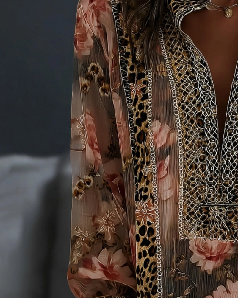 Bluse Blumig Leopard Langarm