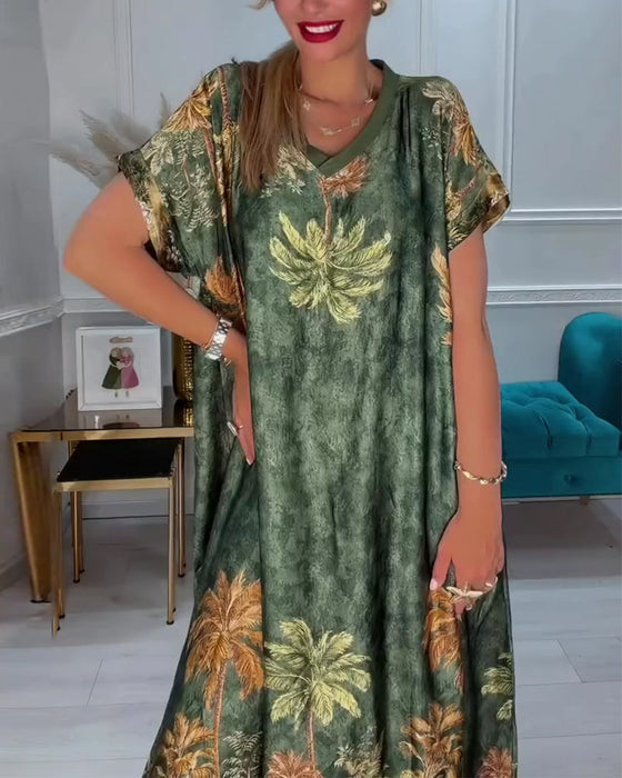 Kleid V-Ausschnitt Palmenbaum Druck Kurzarm Lang