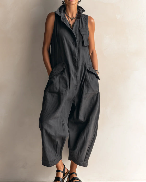 Jumpsuit Revers Ärmellos Tasche Cargo