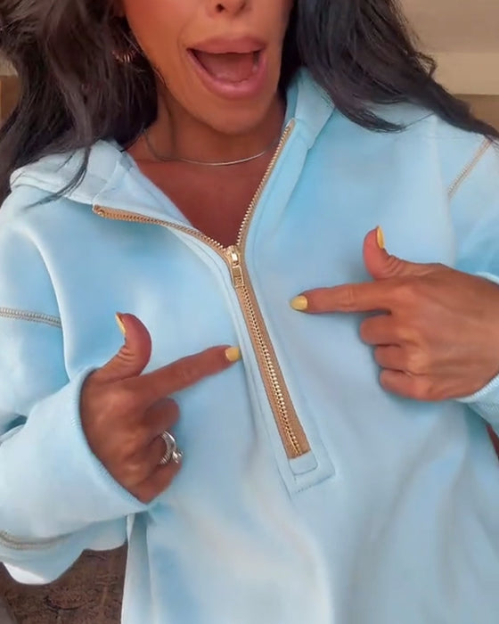 Sweatshirt lässig mit Kapuze einfarbig Reißverschluss