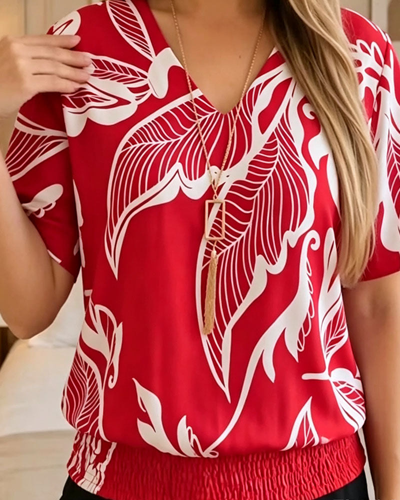 Bluse Blumenprint Gummizug Saum Kurzarm