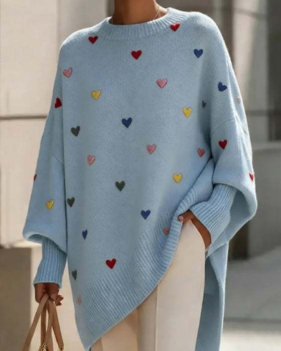 Pullover Buntes Herz Runder Hals Fledermausärmel