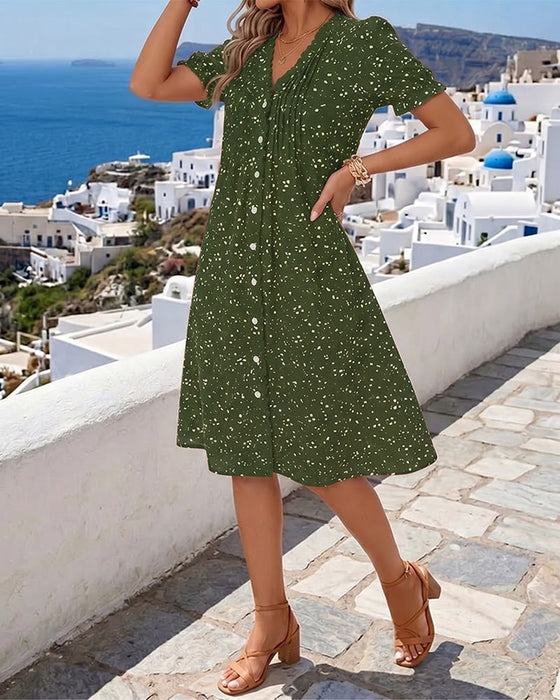 Kleid Blumenmuster V-Ausschnitt Knopfleiste vorne