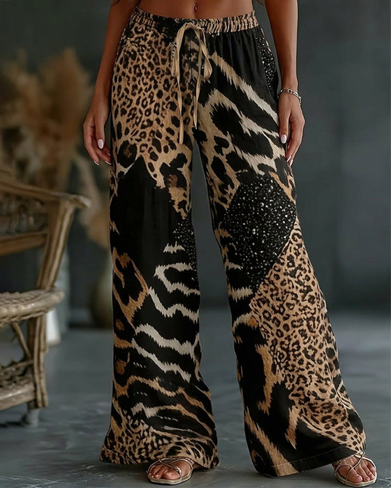 Hose Leoparden Druck Patchwork Weites Bein Casual