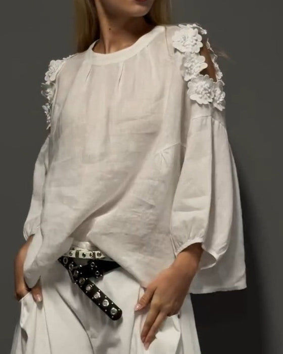 Blusen Rundhals Ausschnitt Off-Shoulder 3D Blumig
