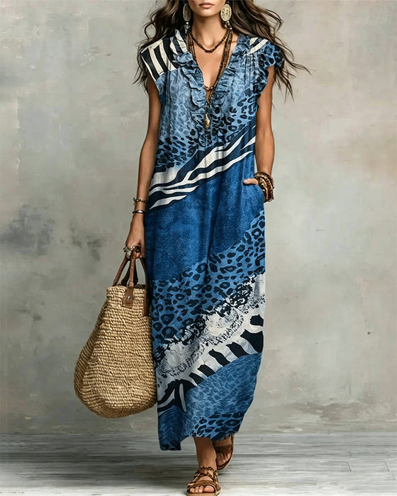Kleid V-Ausschnitt Rüsche Muster Patchwork