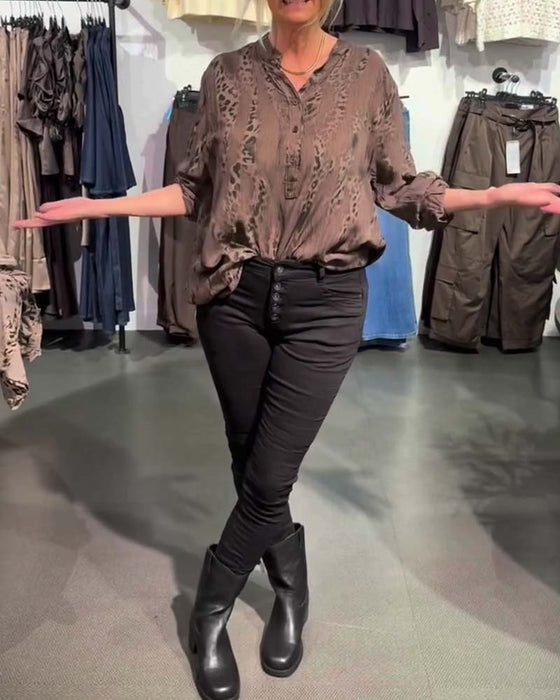 Bluse V-Ausschnitt Knopf Vorne Leopard Druck Locker