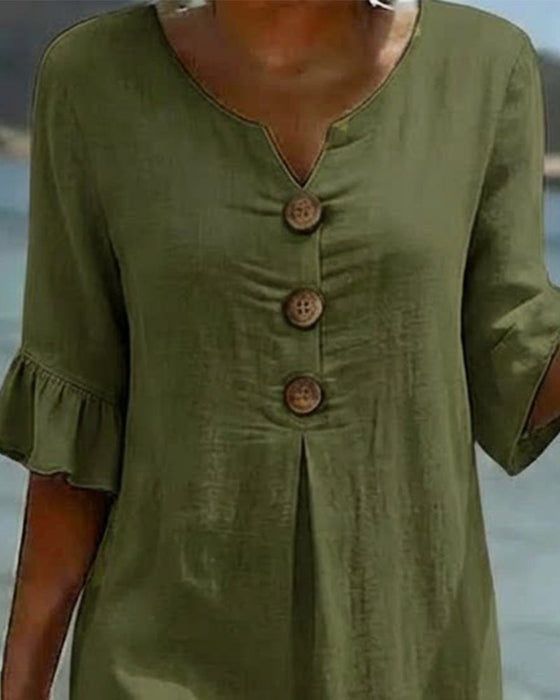Kleid Knopf Rüsche Ärmel 100% Baumwolle