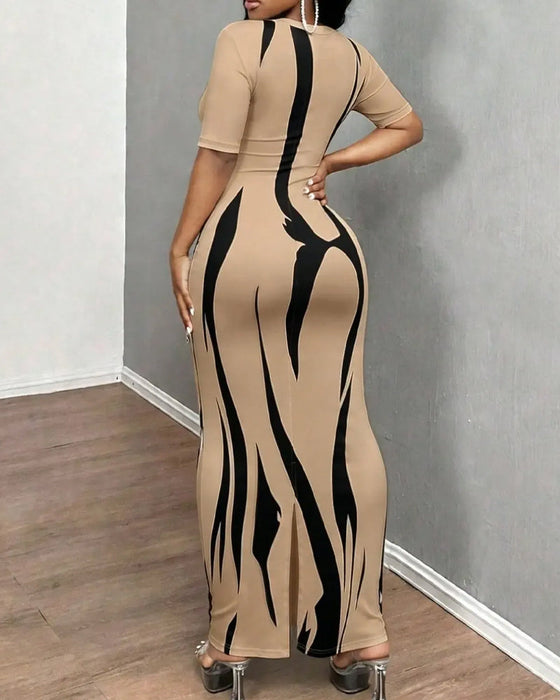 Kleid V-Ausschnitt Streifen Tailliert Tailliert