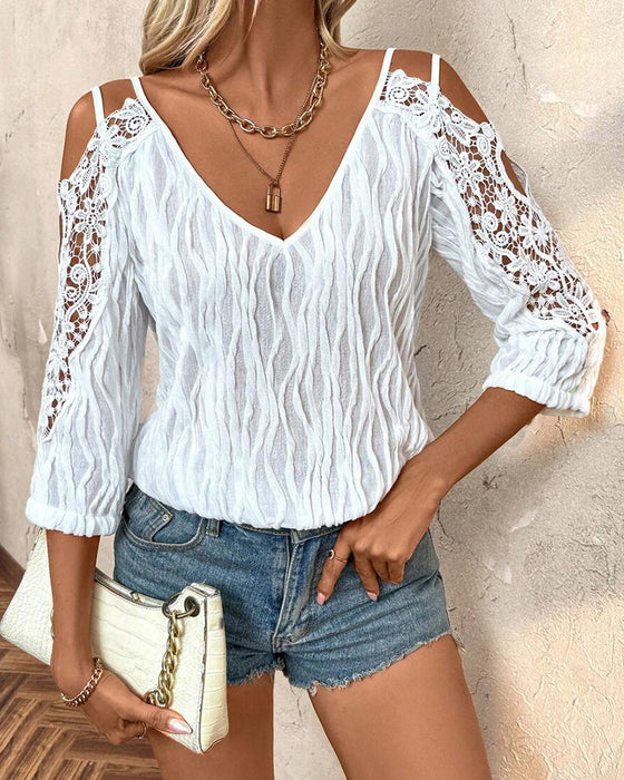 Bluse Spitze Off-Shoulder Gerafft Strukturiert