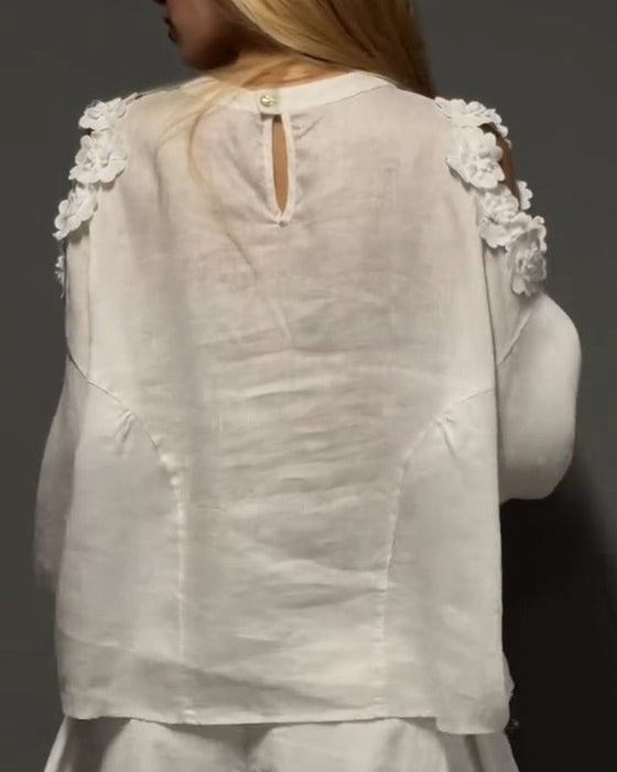 Blusen Rundhals Ausschnitt Off-Shoulder 3D Blumig