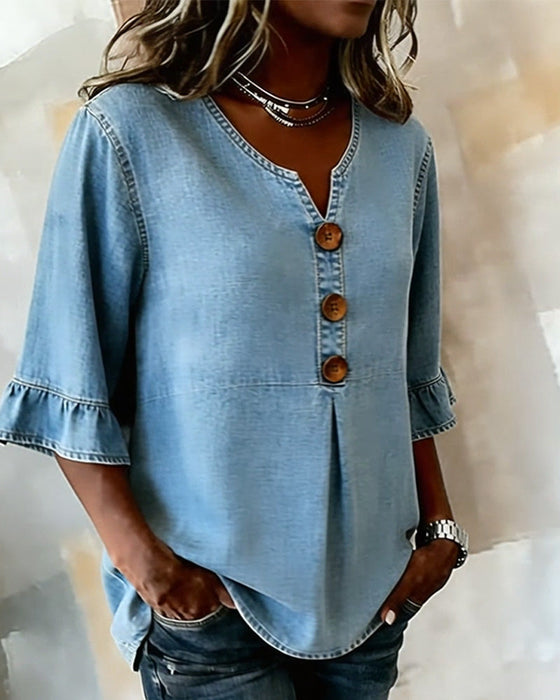 Bluse V-Ausschnitt Ausgestellter Ärmel Denim