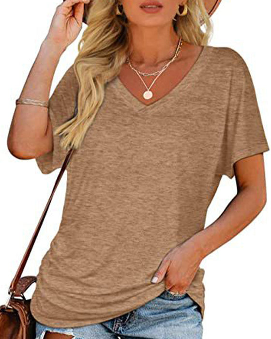 T-Shirt Plissiert Einfarbig V-Ausschnitt