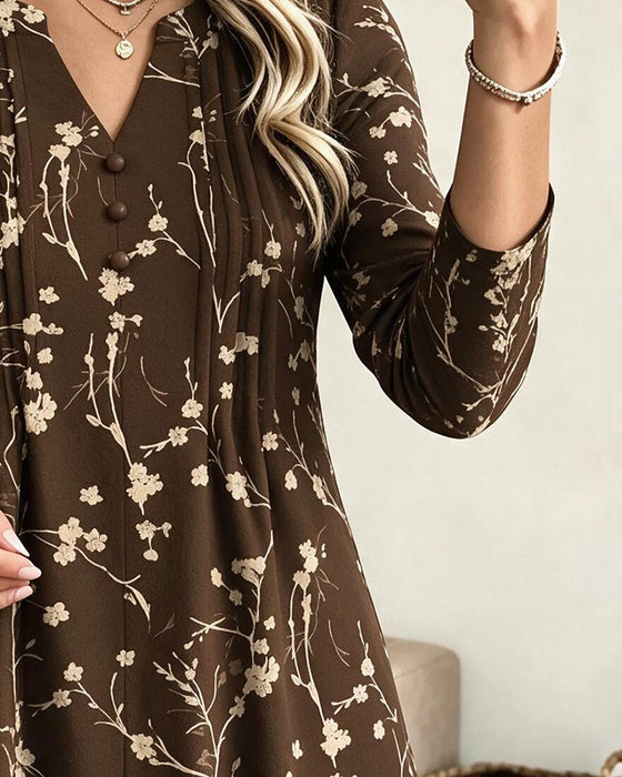 Kleid V-Ausschnitt Gerafft Druck A-Linie
