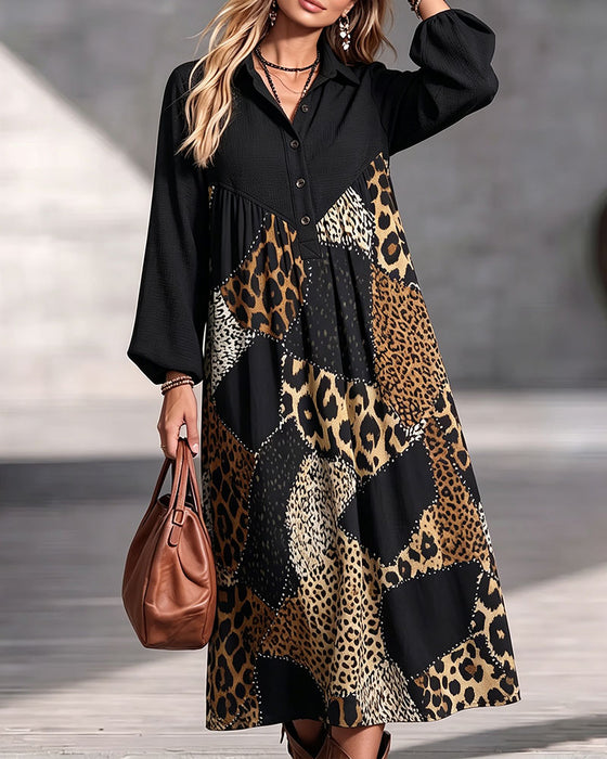 Kleid Leopard Farbblock Revers Langarm