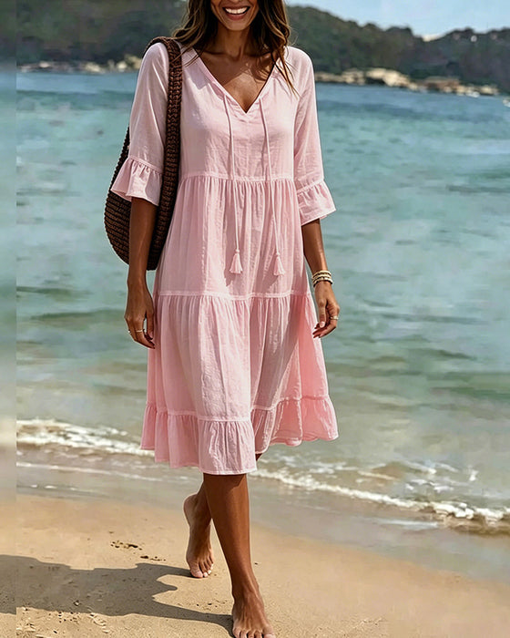 Kleid Ausgestellt Halbarm Bindegürtel