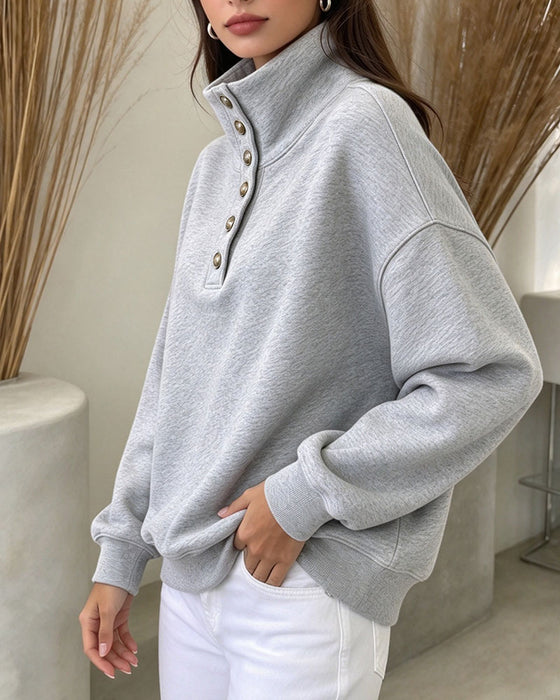 Sweatshirt Hoher Kragen Geknöpft Langarm