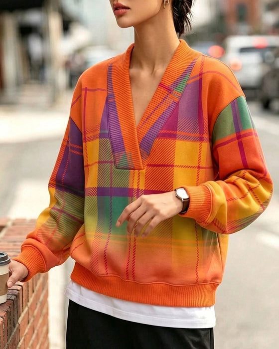 Sweatshirt V-Ausschnitt Karo Lässig