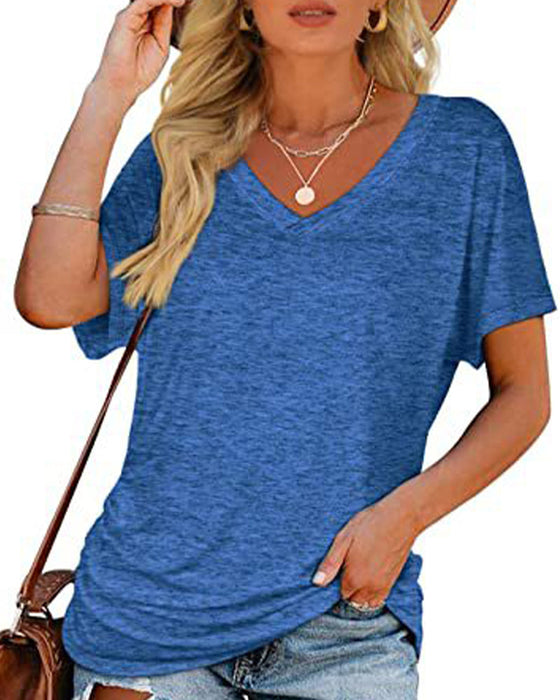 T-Shirt Plissiert Einfarbig V-Ausschnitt