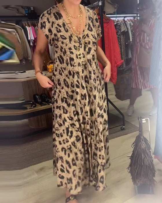Kleid V-Ausschnitt Leopard Kurzarm