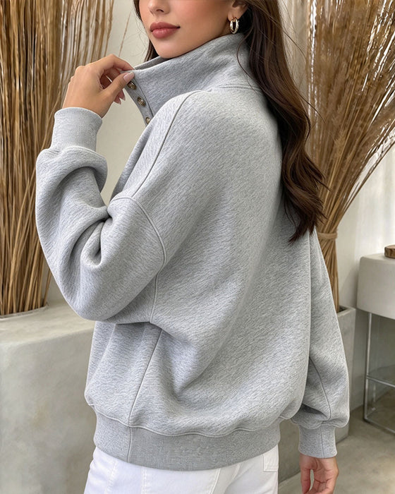 Sweatshirt Hoher Kragen Geknöpft Langarm