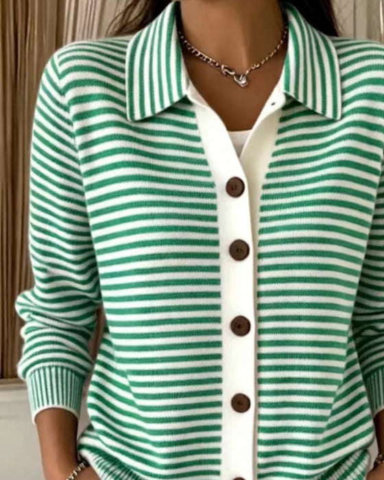 Cardigan Revers Knopf Gestreift
