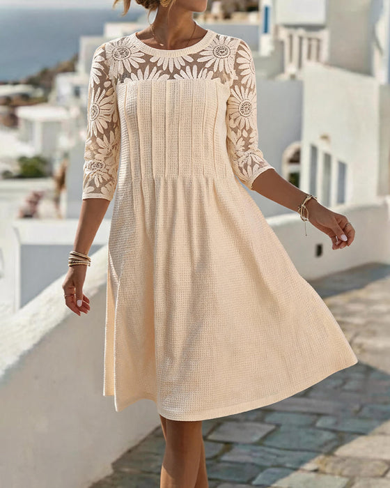 Kleid Rundhals Spitze Patchwork Waffel