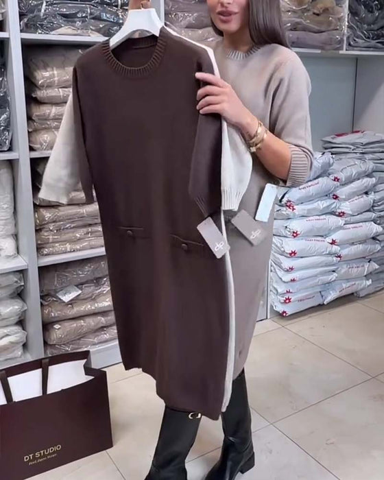 Pullover Kleid Rundhals Ellenbogenlang Ärmel