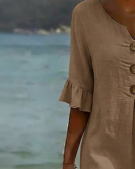 Kleid Knopf Rüsche Ärmel 100% Baumwolle