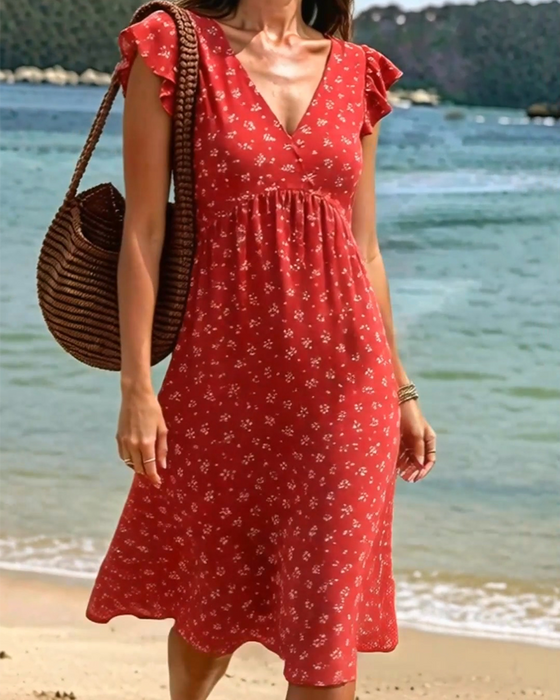 Kleid V-Ausschnitt Blumen Klein Flügelärmel