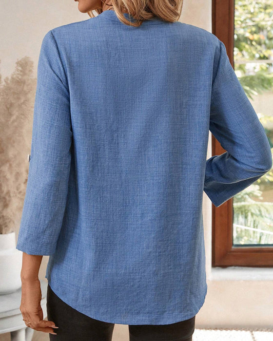 Bluse V-Ausschnitt Einfarbig Langarm Tasche
