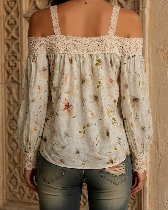 Bluse Blumig Off-Shoulder Spitze Träger Langarm