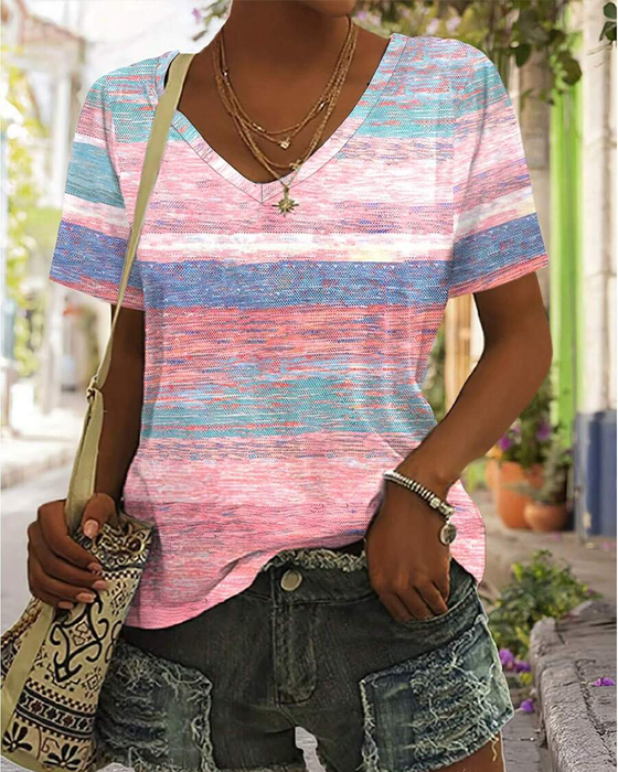 T-Shirt V-Ausschnitt bunt gestreift vielseitig