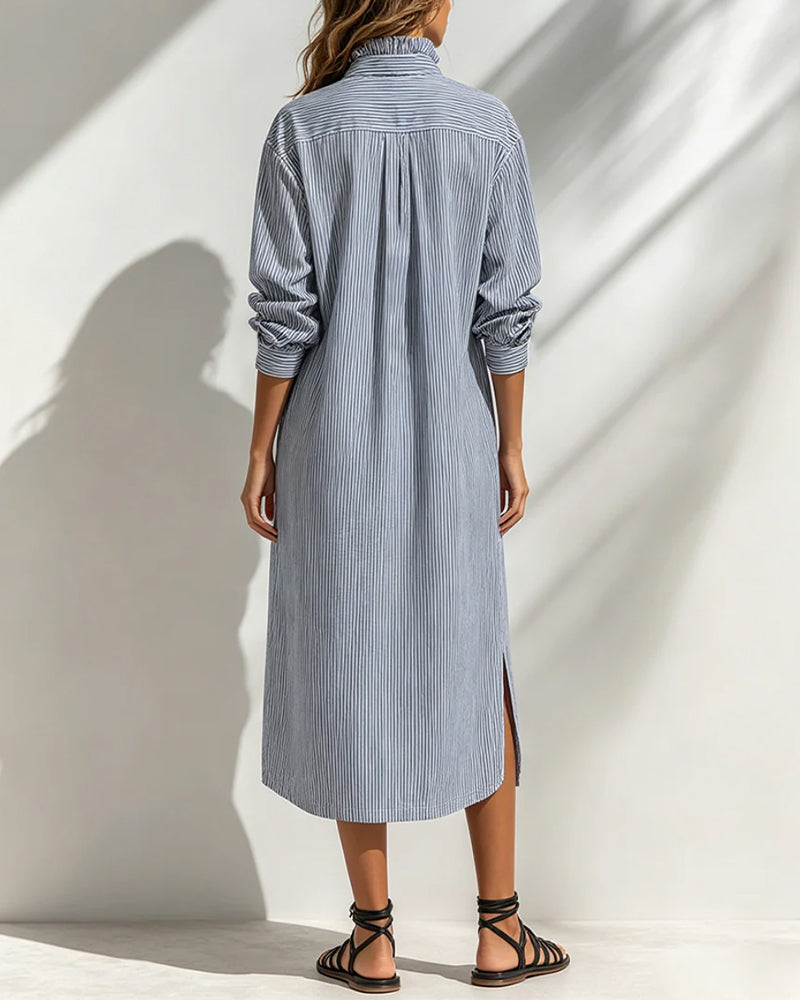 Kleid Lässig Stehkragen Gestreift Schlitz