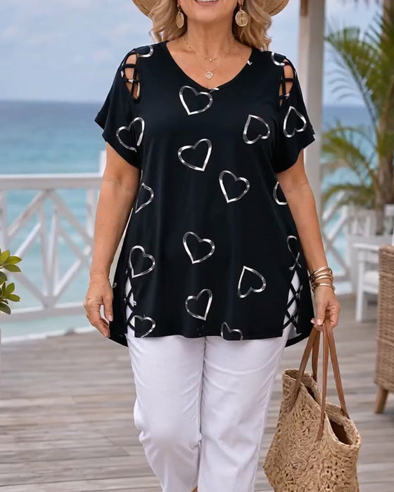 T-Shirt Herzmuster Hohl Kurzärmelig