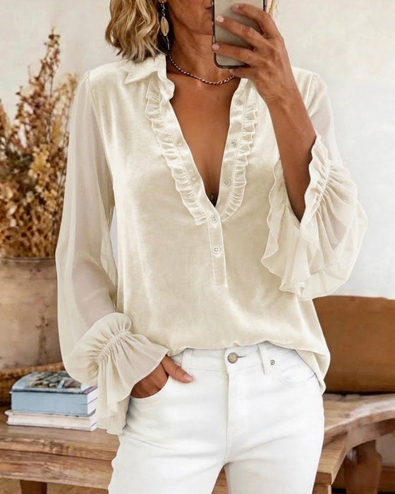 Bluse Samt Patchwork Rüschen Ärmel