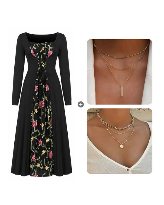 Kleid Quadratischer Ausschnitt Rose Spliced Maxi