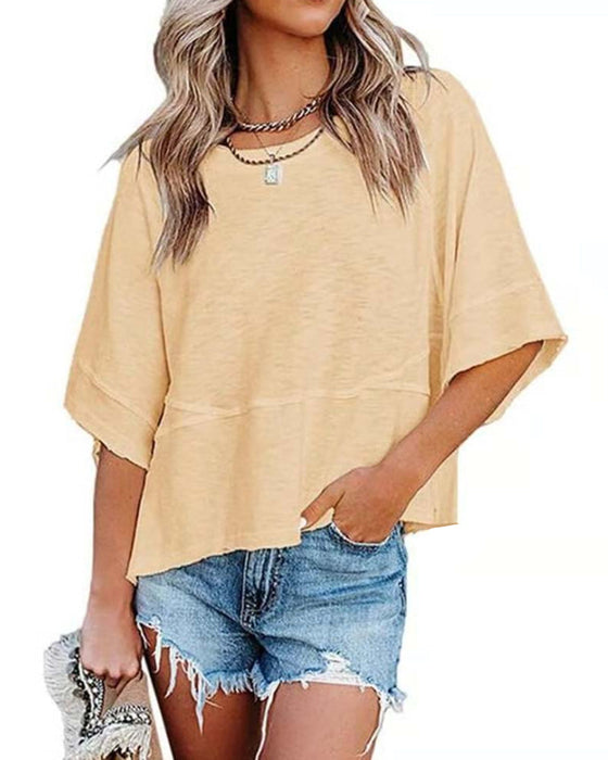 T-Shirt Ohne Schlitz Geflickt Einfarbig Glockenärmel