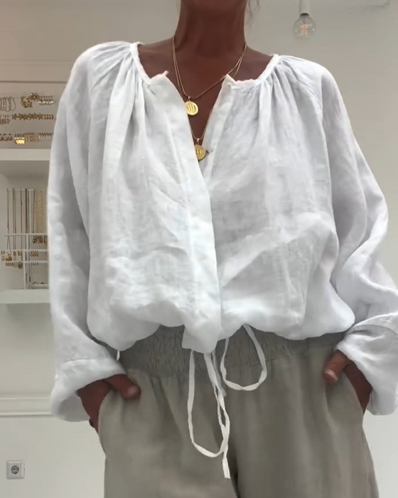 Bluse 100 % Baumwolle Langarm Geraffte Binde