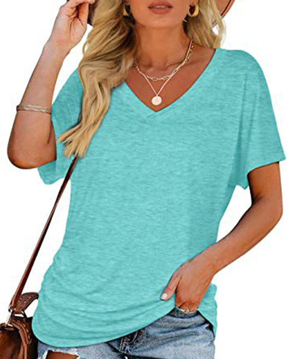 T-Shirt Plissiert Einfarbig V-Ausschnitt