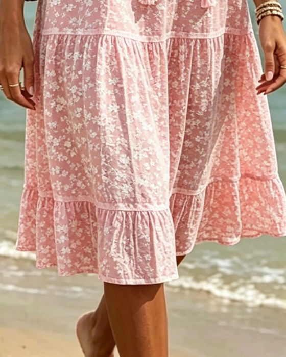 Kleid Binden V-Ausschnitt Rüsche Blumig A-Linie
