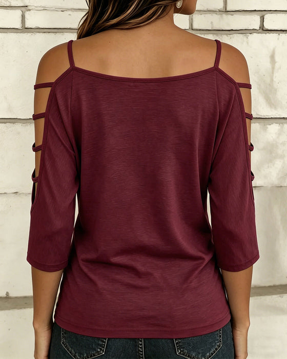 T-Shirt Uni Farbe Ellenbogenlang Ärmel Off-Shoulder