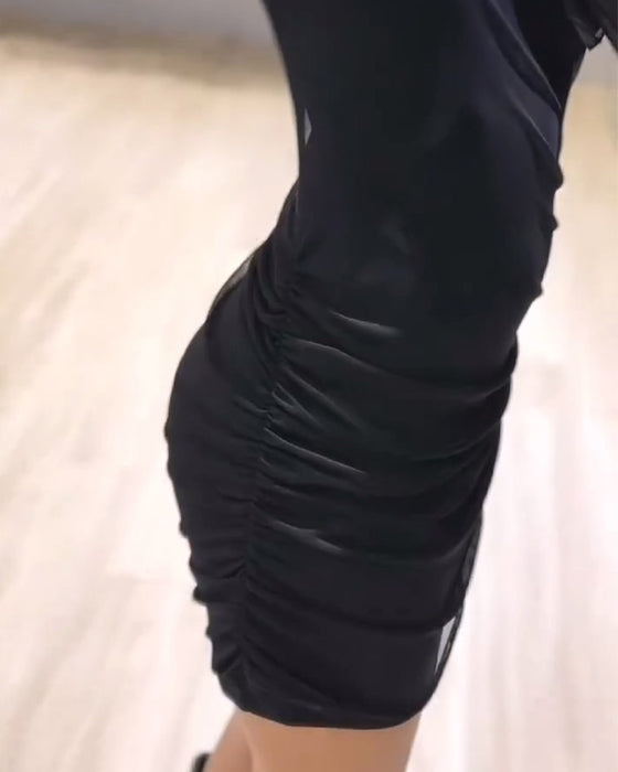 Kleid Rund-Hals Mesh Gerafft Slim