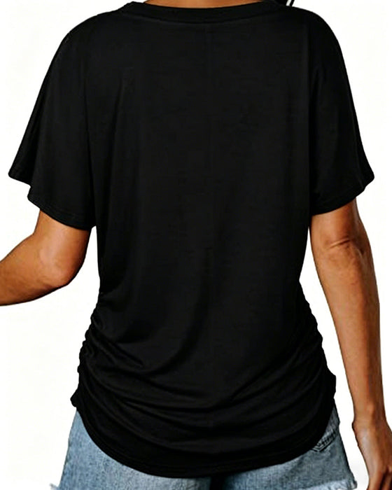 T-Shirt Plissiert Einfarbig V-Ausschnitt