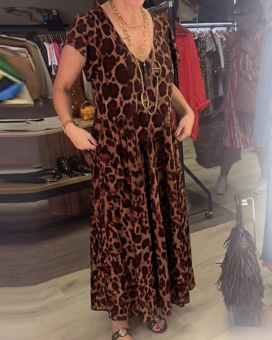 Kleid V-Ausschnitt Leopard Kurzarm