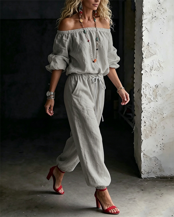 Jumpsuit Off-Shoulder Bindegürtel Tailliert